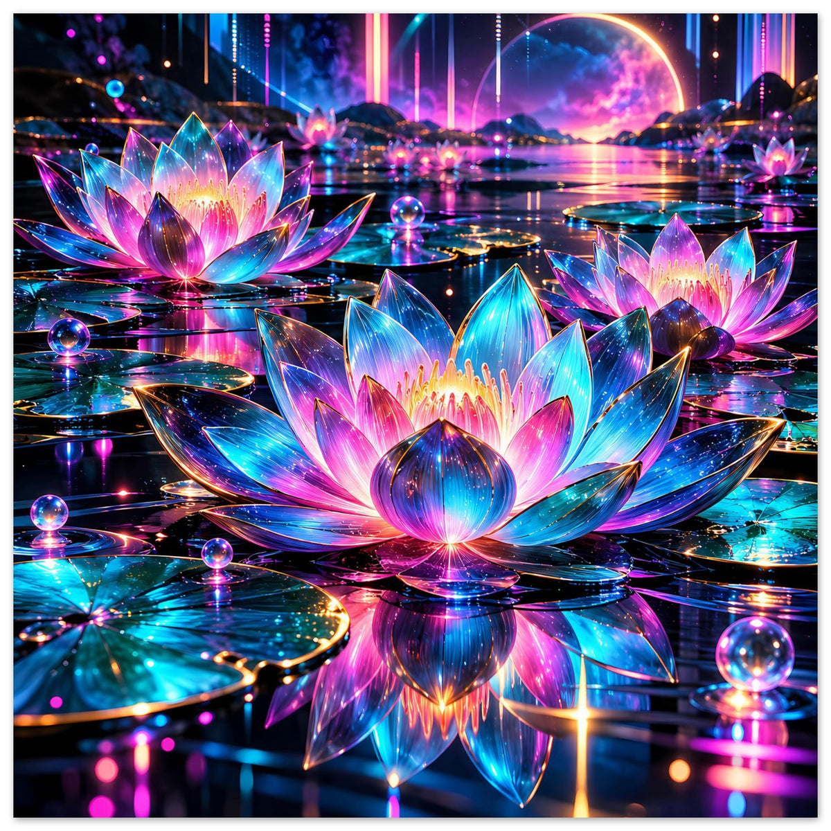 Neon-Lotus-Poster im Querformat, Lotusblüten mit intensiven Neonfarben und Reflexionen.