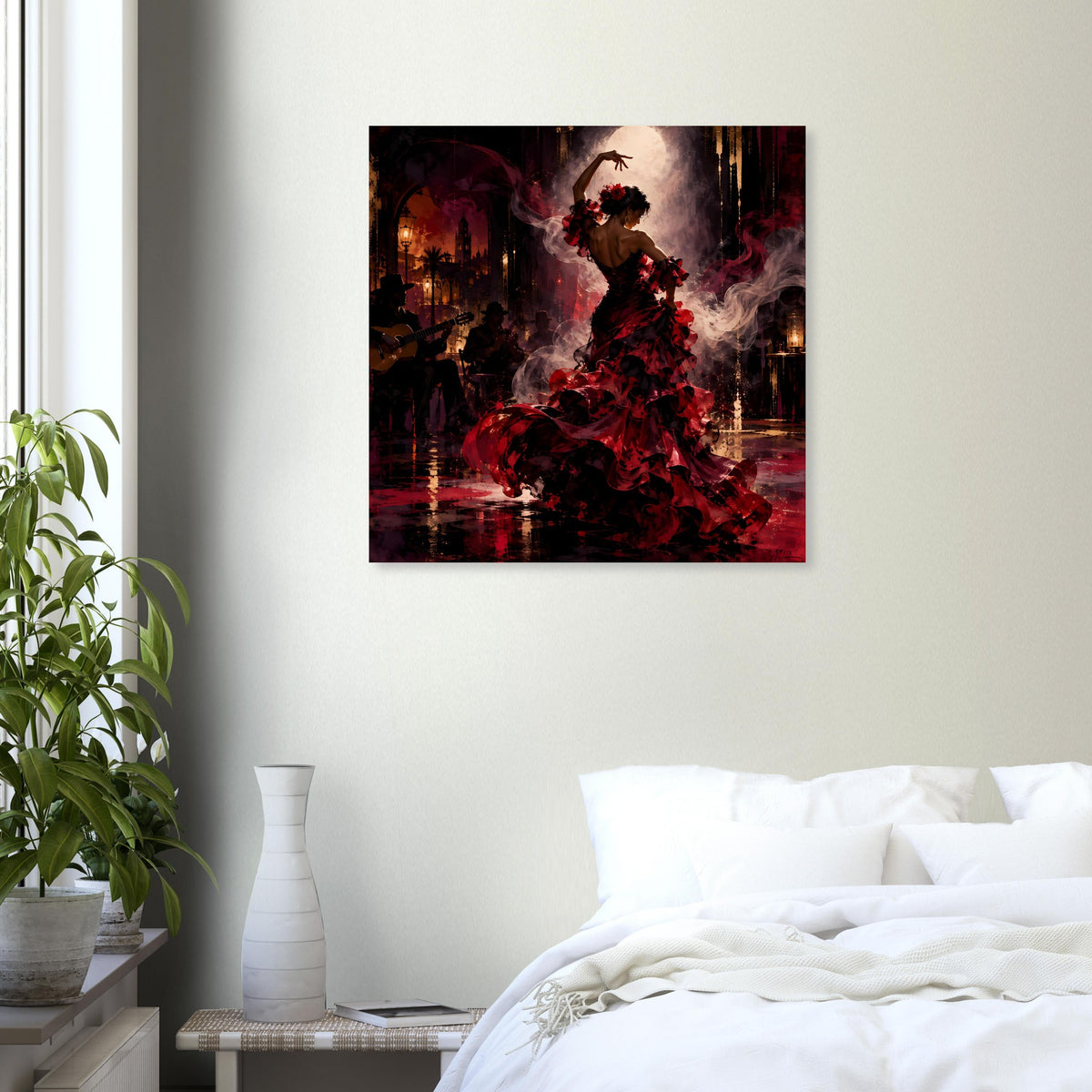 Quadratisches Wandposter mit Flamenco-Tänzerin in rotem Kleid und dunklen Lichtern