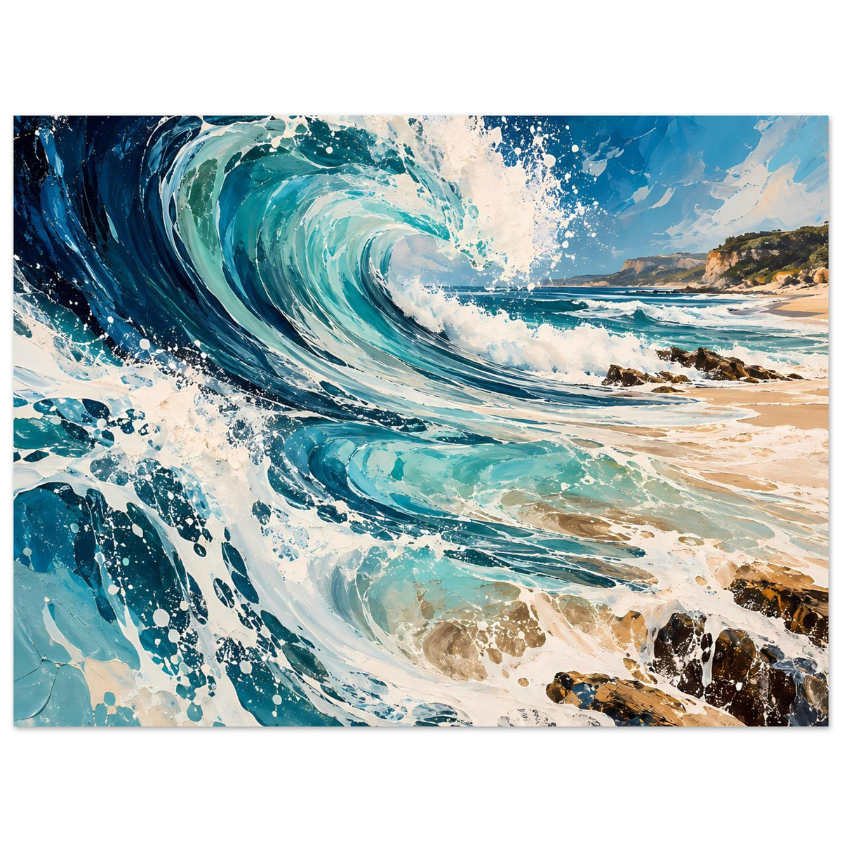 Ozean-Wellenposter: große Welle mit weißer Gischt, warmem Sand und dunklen Steinen