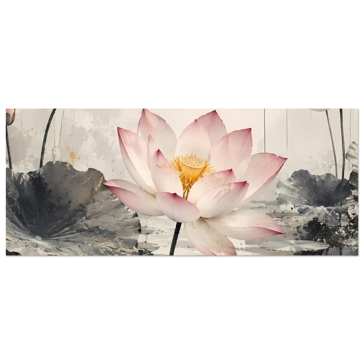 Zen-Poster (Panorama): rosa/weiße Lotusblüten, gelbes Blütenzentrum im Fokus