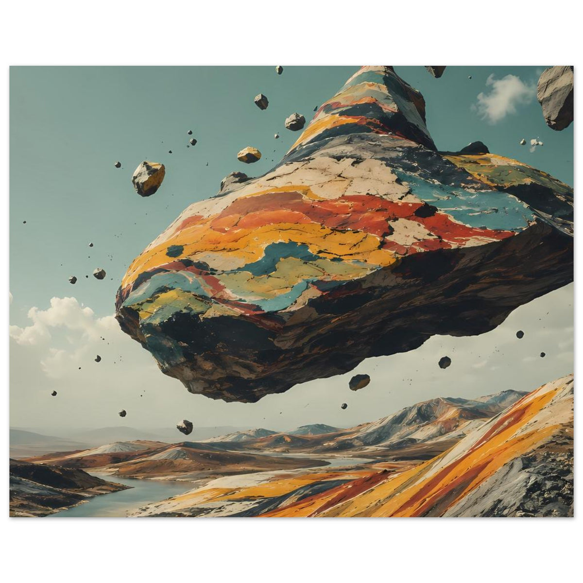 Horizontales Poster mit schwebendem Berg und orangefarbenen Landschaftsstreifen