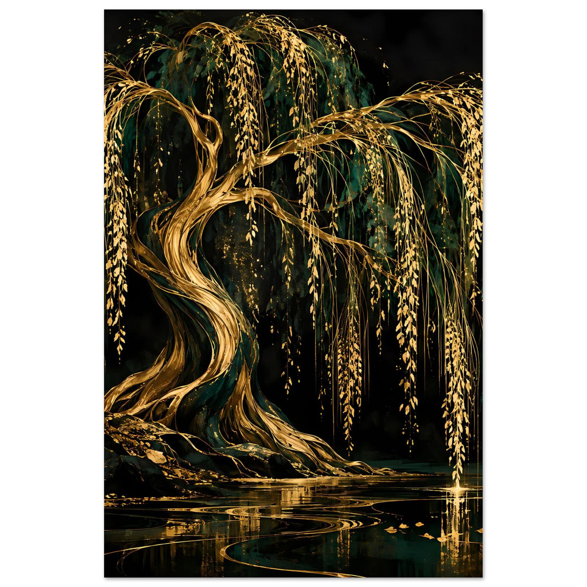 Poster mit gold-grünem Weidenbaum über dunklem Wasser, Äste hängen herab, Spiegelungen