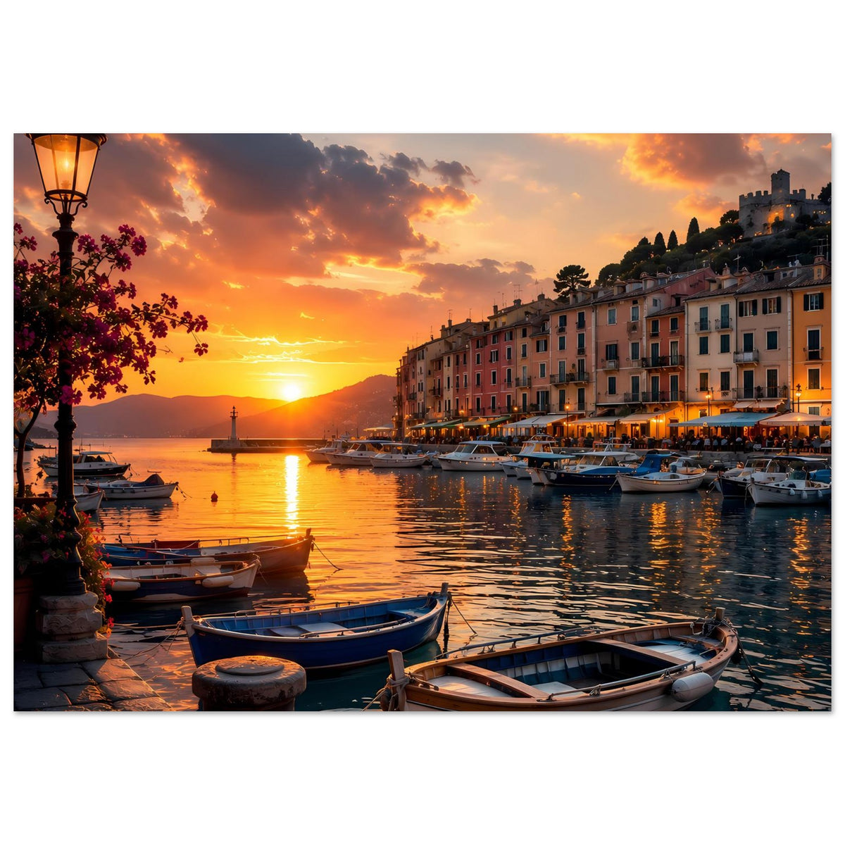 Poster mit Hafen-Sonnenuntergang, Booten und Uferhäusern, Laterne links