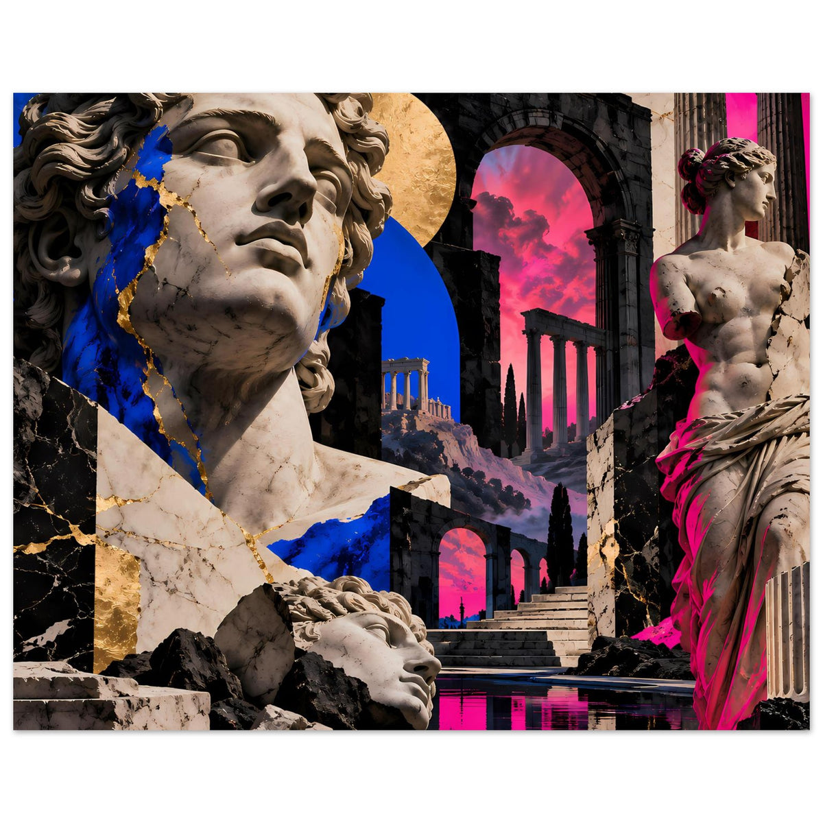 Horizontales Poster mit Statue, blauem und pinkem Farbschub, antike Architektur-Motive
