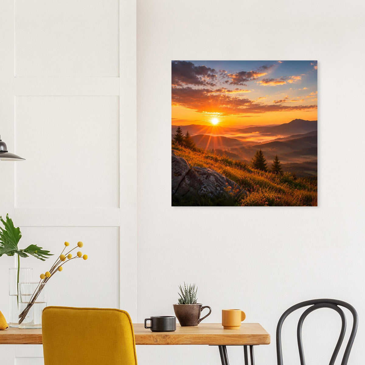 Quadratisches gerahmtes Sonnenuntergangs-Landschaftsposter mit Hügeln und Tannen