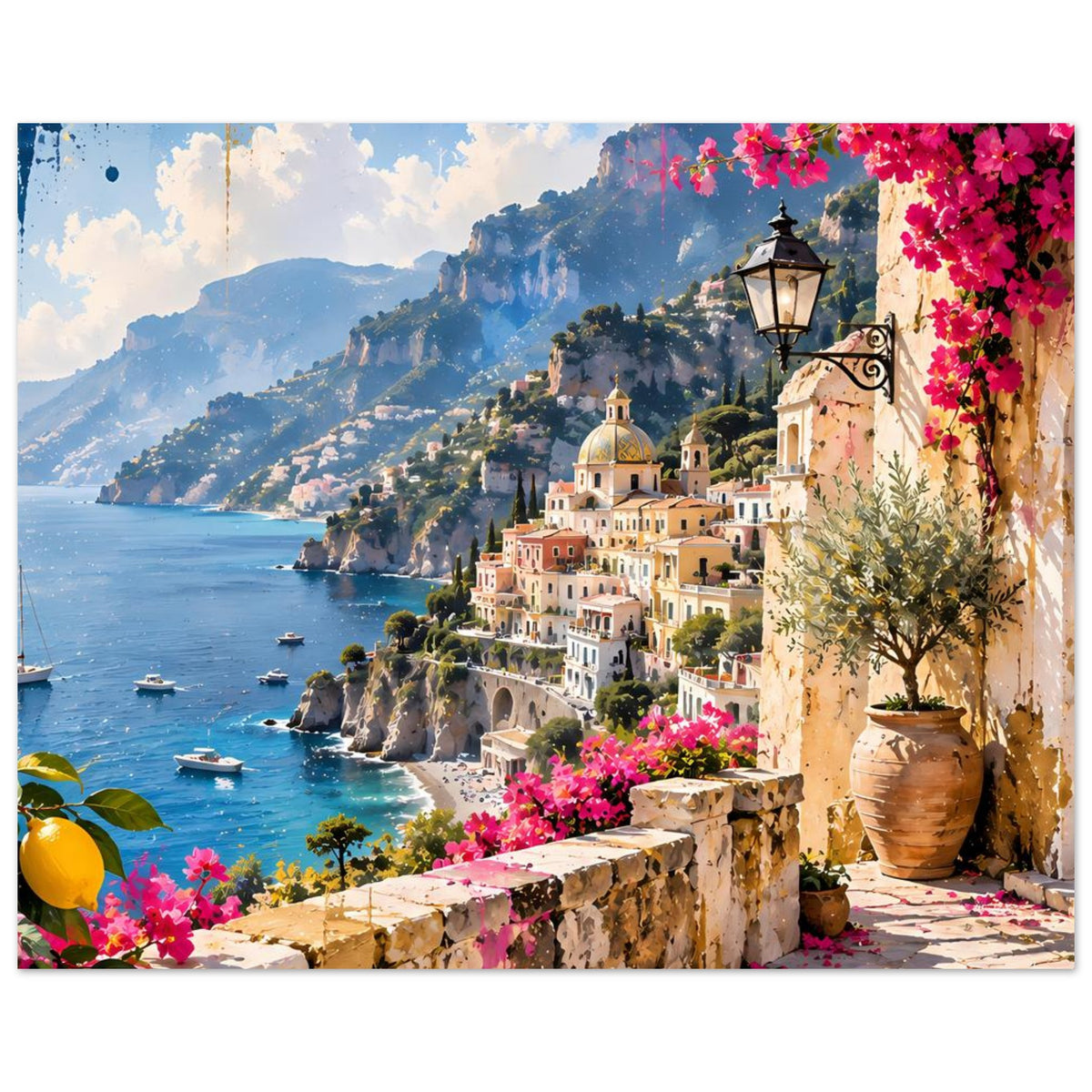 Poster mit Blick auf die Küste, Bougainvillea, Laterne und weißen Gebäuden im Hang
