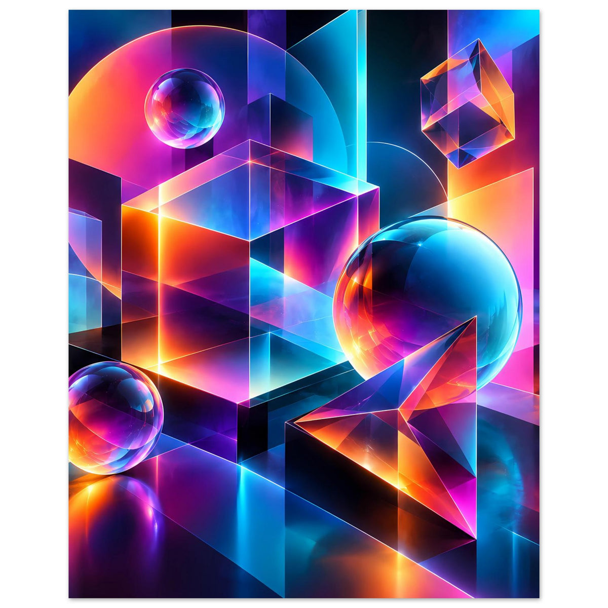 Neon-Geometrie-Poster mit blauer Großkugel, prismatischen Flächen und Neon-Linien