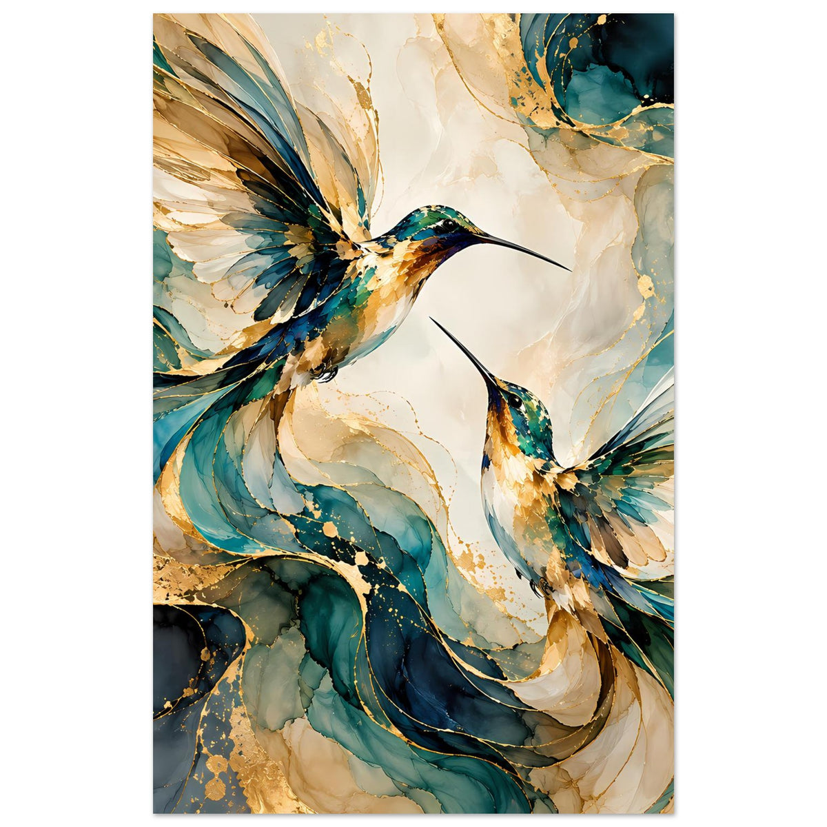 Vogelposter mit Kolibri-Paar in Blau und Gold, abstrakte Feder-Illustration