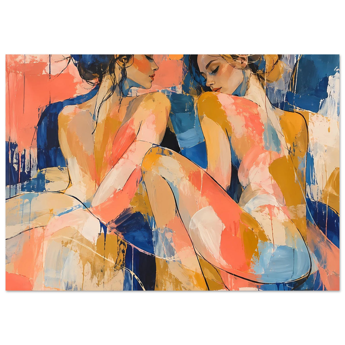 Abstraktes Kunstposter mit zwei sitzenden Frauenfiguren in Blau- und Koralltönen, Querformat
