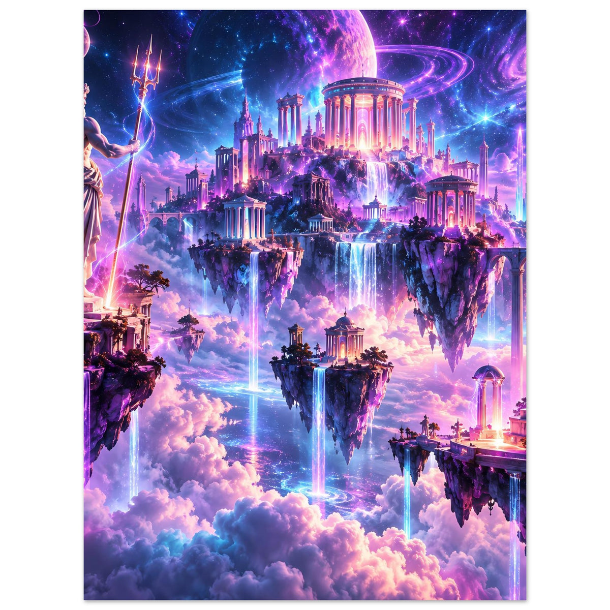 Fantasy-Poster mit schwebenden Inseln, antiken Tempeln, leuchtenden Wasserfällen und Wolkenmeer