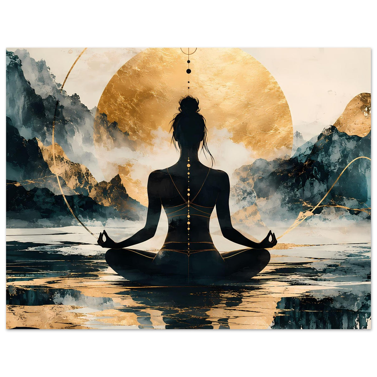 Poster im Hochformat mit schwarzer Meditationsfigur, goldenen Akzenten und Wasseroberfläche