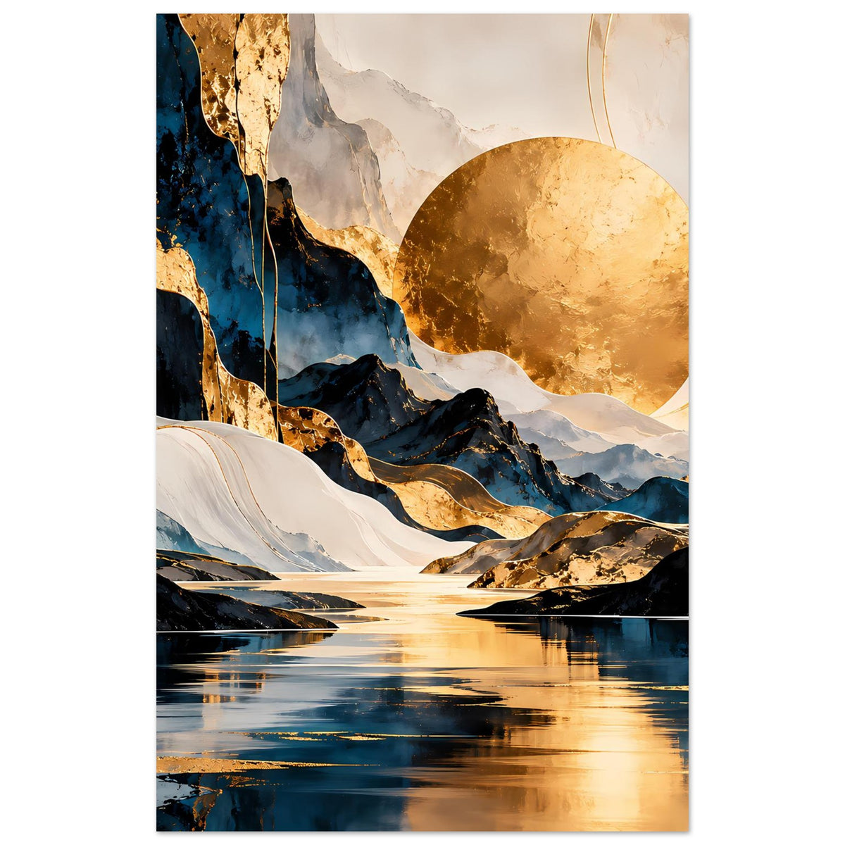 Kunstposter hochkant mit abstrakter Landschaft: Berge, See, goldener Mond und goldene Linien.