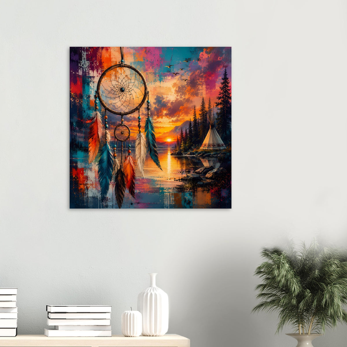 Boho-Poster mit buntem Traumfänger, Kreis und Federn vor See- und Wald-Sonnenuntergang