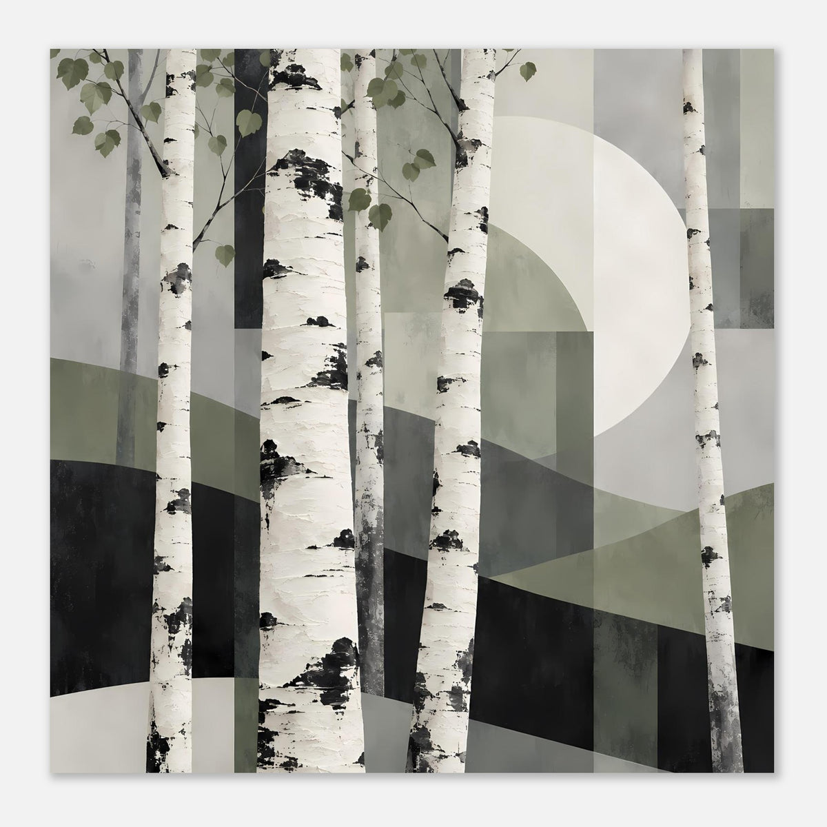 Naturposter mit Birkenstämmen und geometrischen Flächen, mit dunklen Streifen am unteren Rand