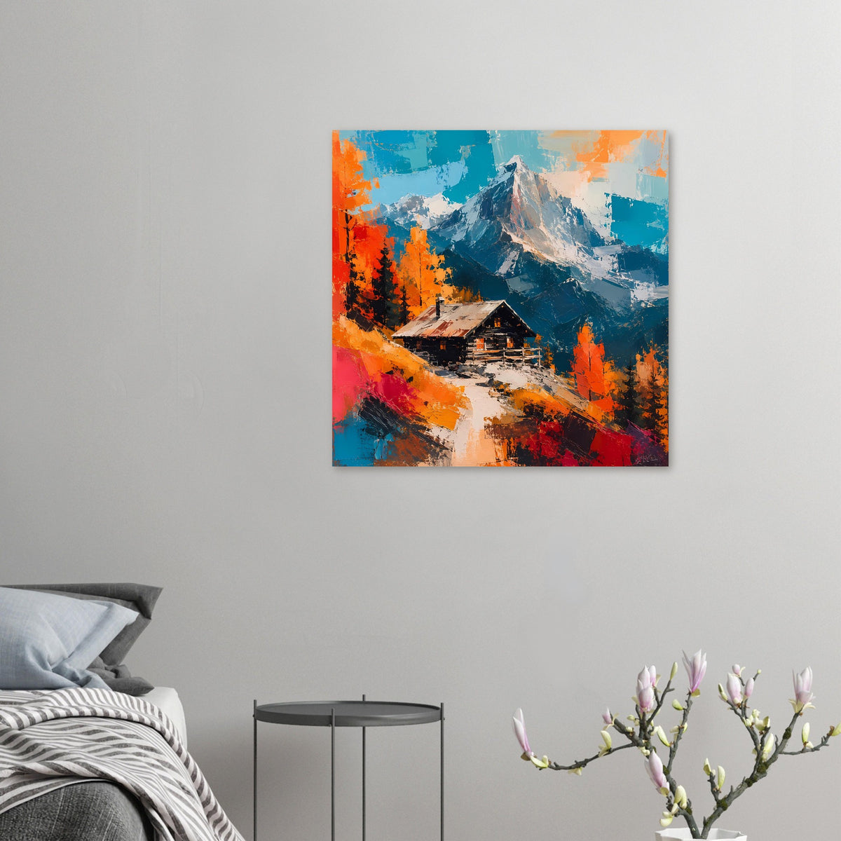 Kleines Poster mit Alpenhütte und Bergen, Blau-Orange Herbstfarben