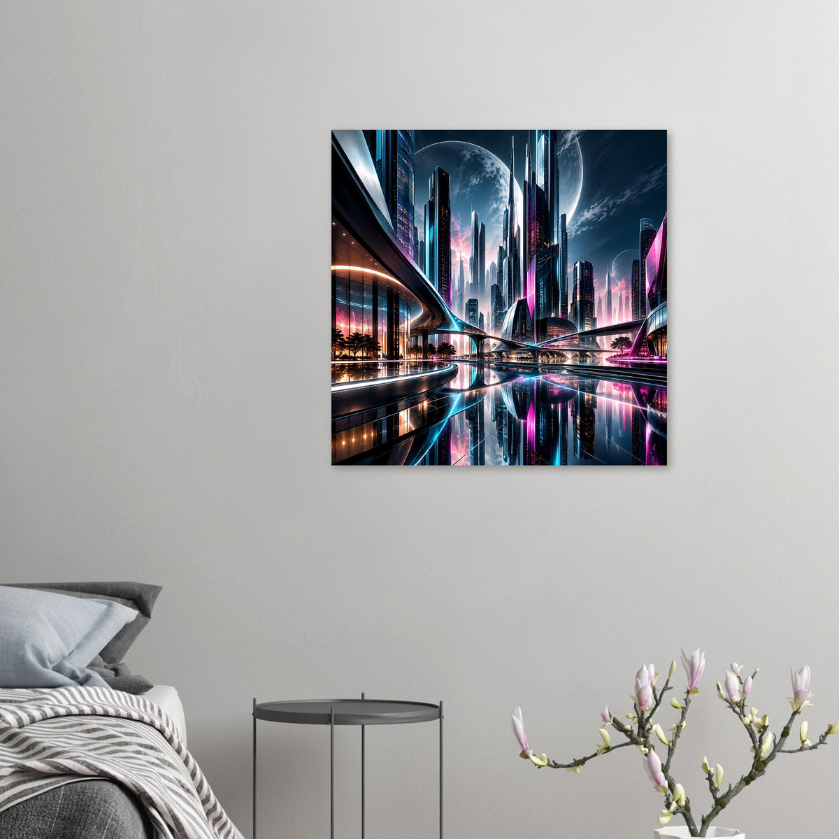 Neon-Stadtposter, kleine Ausführung mit Skyline, Mondsichel und neonfarbenen Verkehrswegen