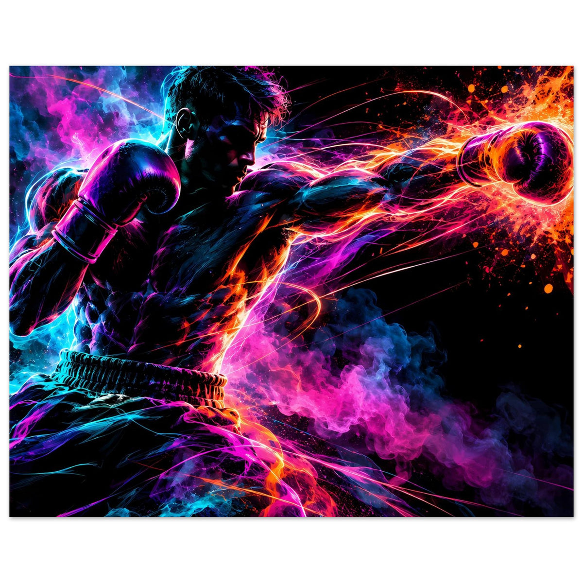 Neon-Boxer-Poster, horizontal: Kämpfer mit Boxhandschuhen, Rauch und Lichtspuren.