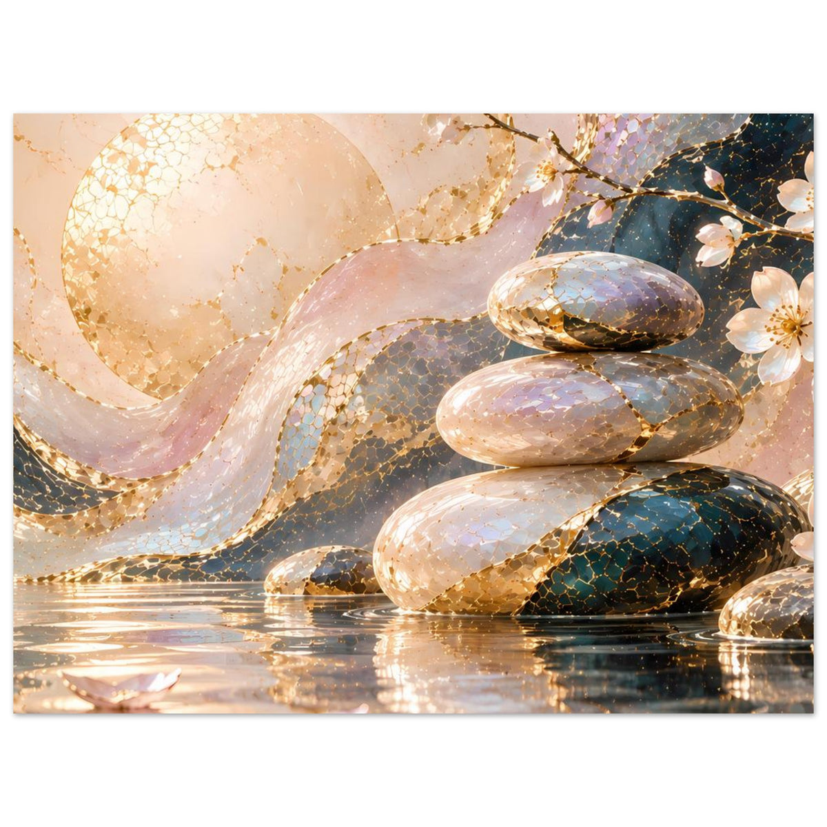 Poster mit Zen-Motiv: Steine, goldene Verzierungen und blütenreiche Zweige