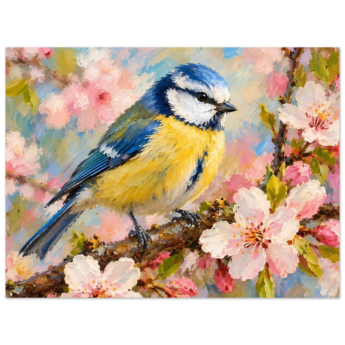 Poster mit Meise auf Ast, blau-gelber Vogel, rosa Blüten und grüne Blätter im Detail