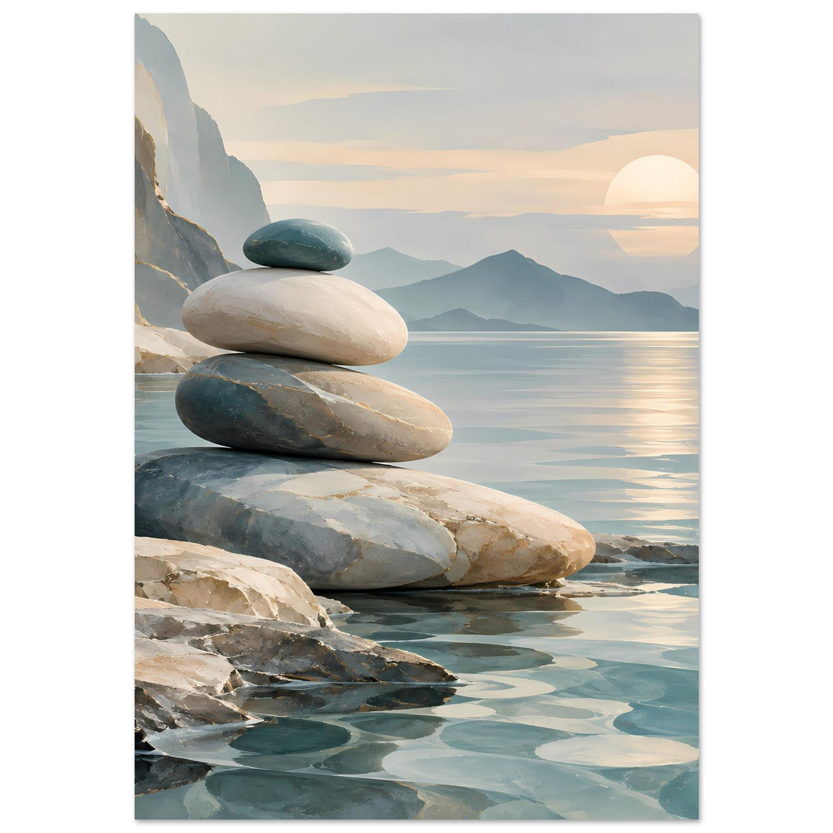 Poster mit Steinstapel an der Küste, ruhige Reflexionen im Wasser, Beige-Blau