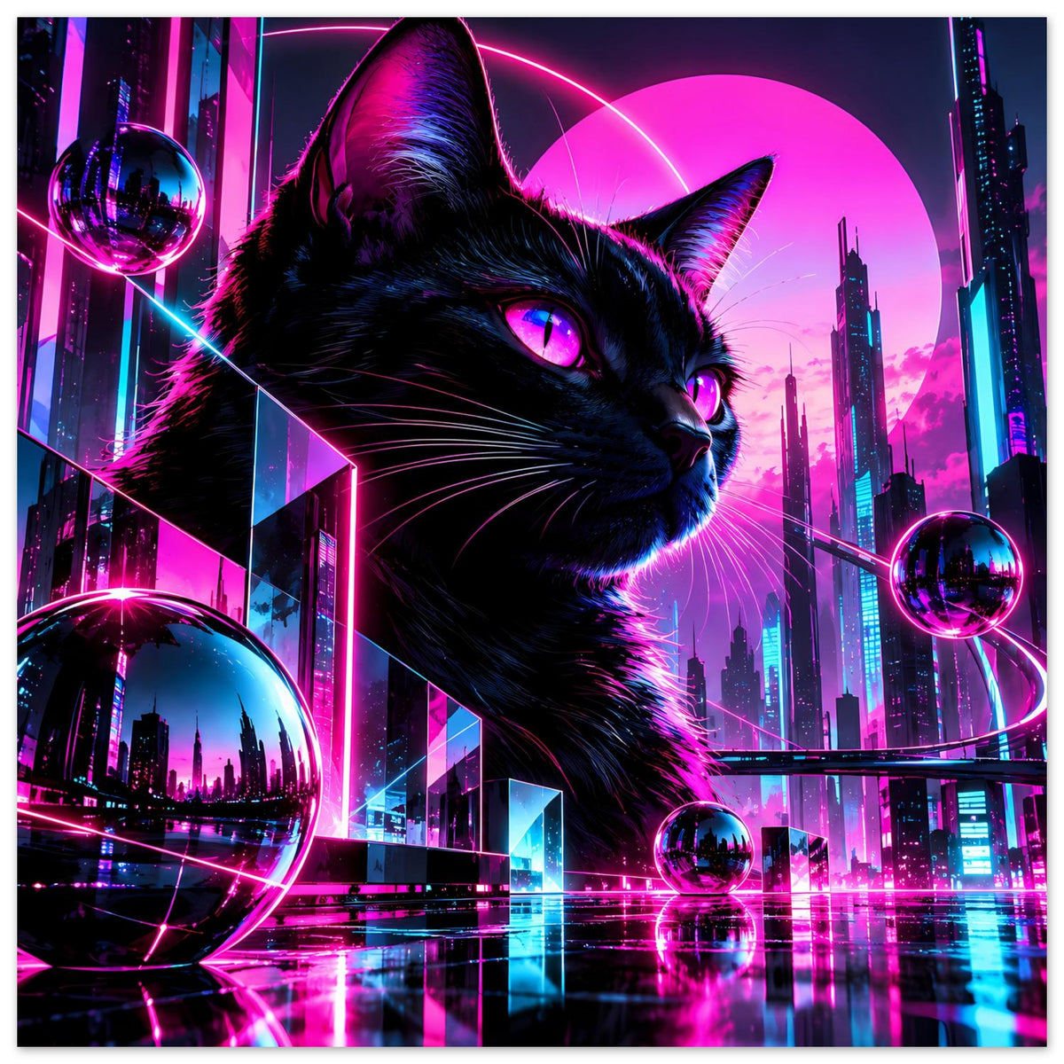 Breitformat-Poster mit schwarzer Katze im Profil, Neonrosa Stadtlichter und Kugelreflexionen