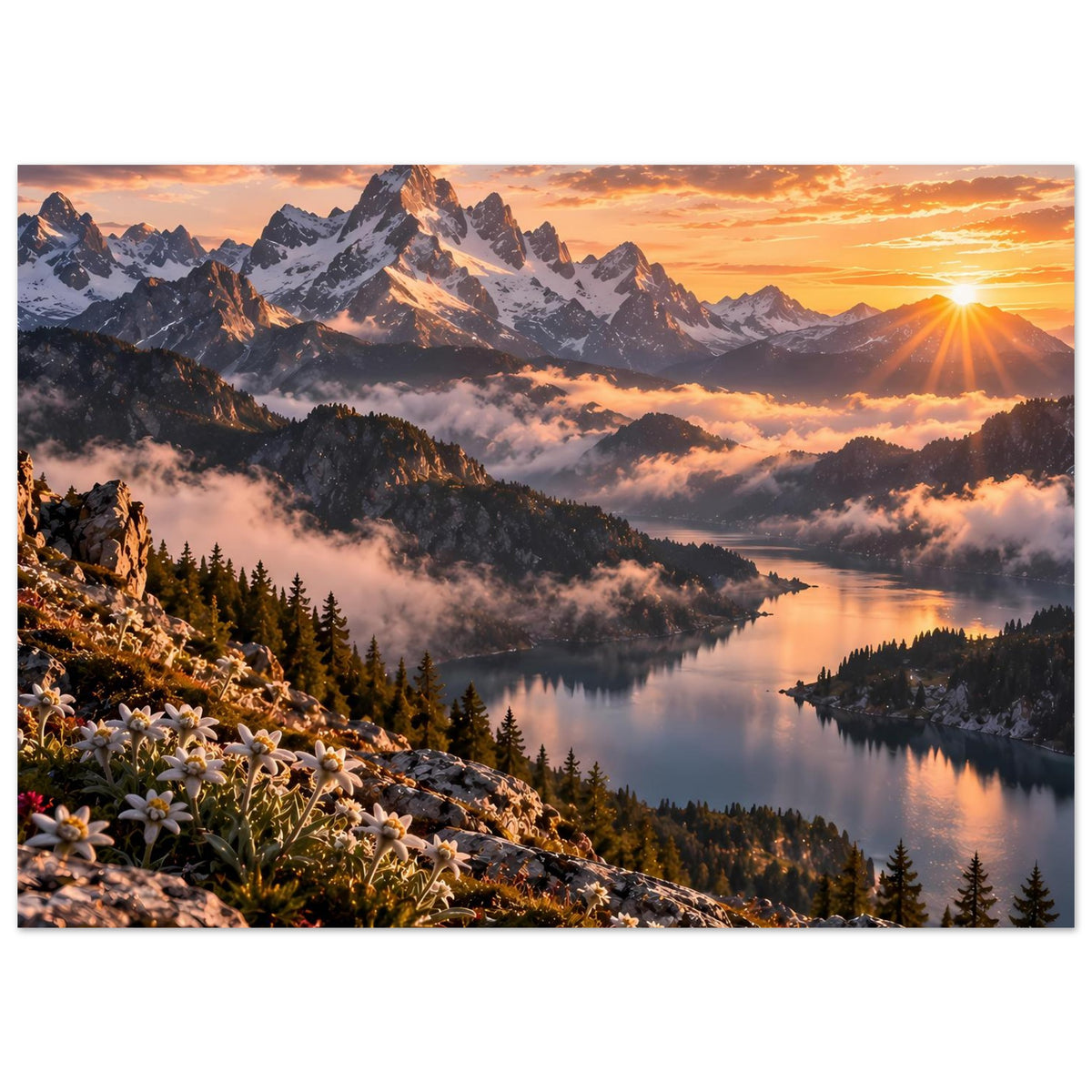 Querformat-Poster mit Alpengebirge, ruhigem Bergsee und Sonnenstrahlen am Horizont
