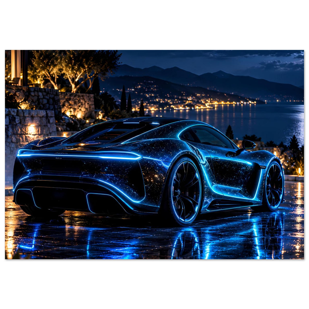 Poster: blauer Neon-Sportwagen von vorn, Lichtspuren und Spiegelung auf nassem Asphalt