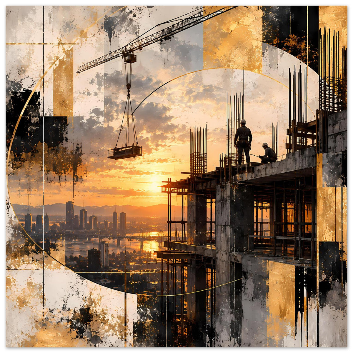 Abstraktes Bau-Sonnenuntergangs-Poster mit Kran, Gerüst und goldenen Farbverläufen