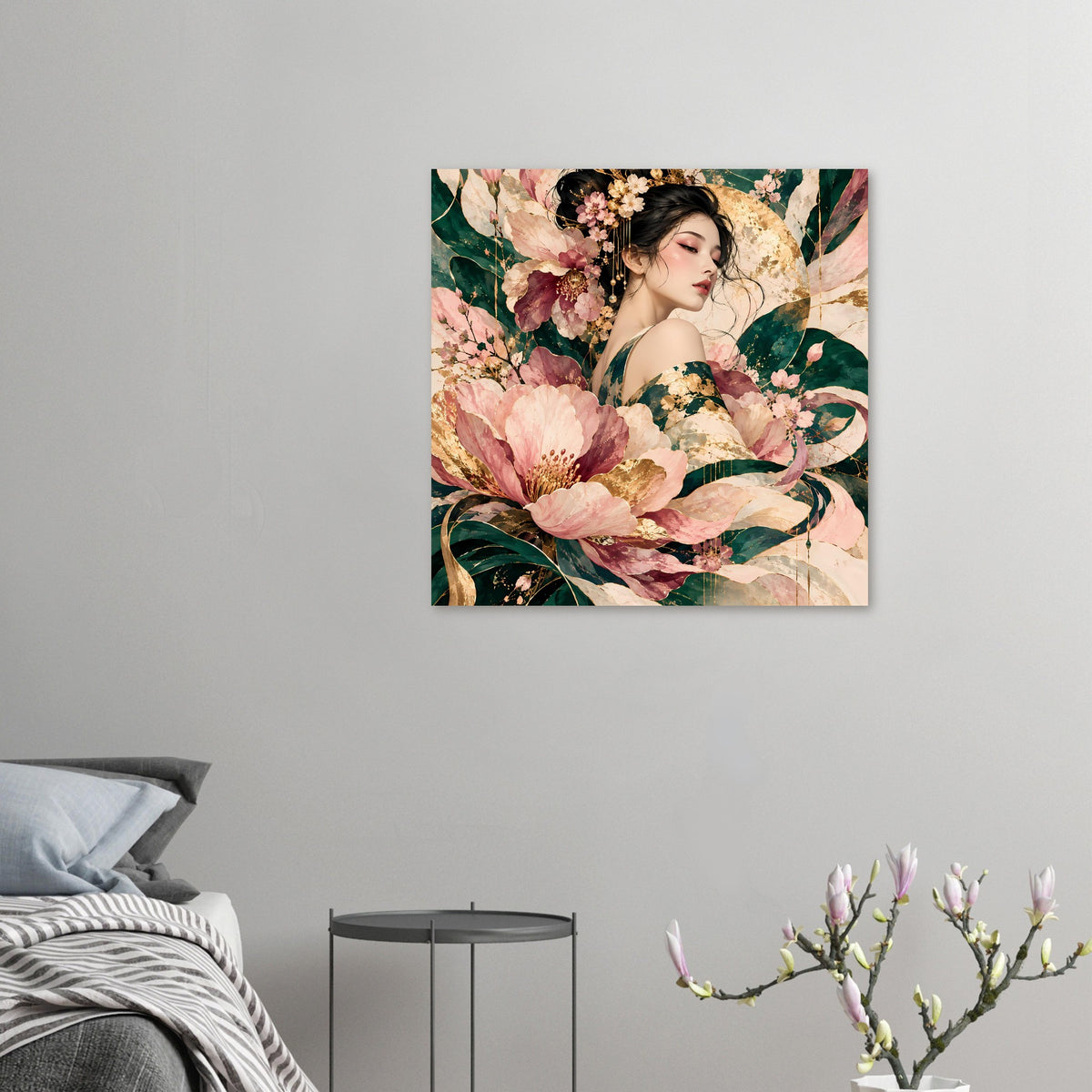 Blumenposter: kleiner Druck mit Frau und rosafarbenen Blüten, grüne Blätter und goldene Akzente