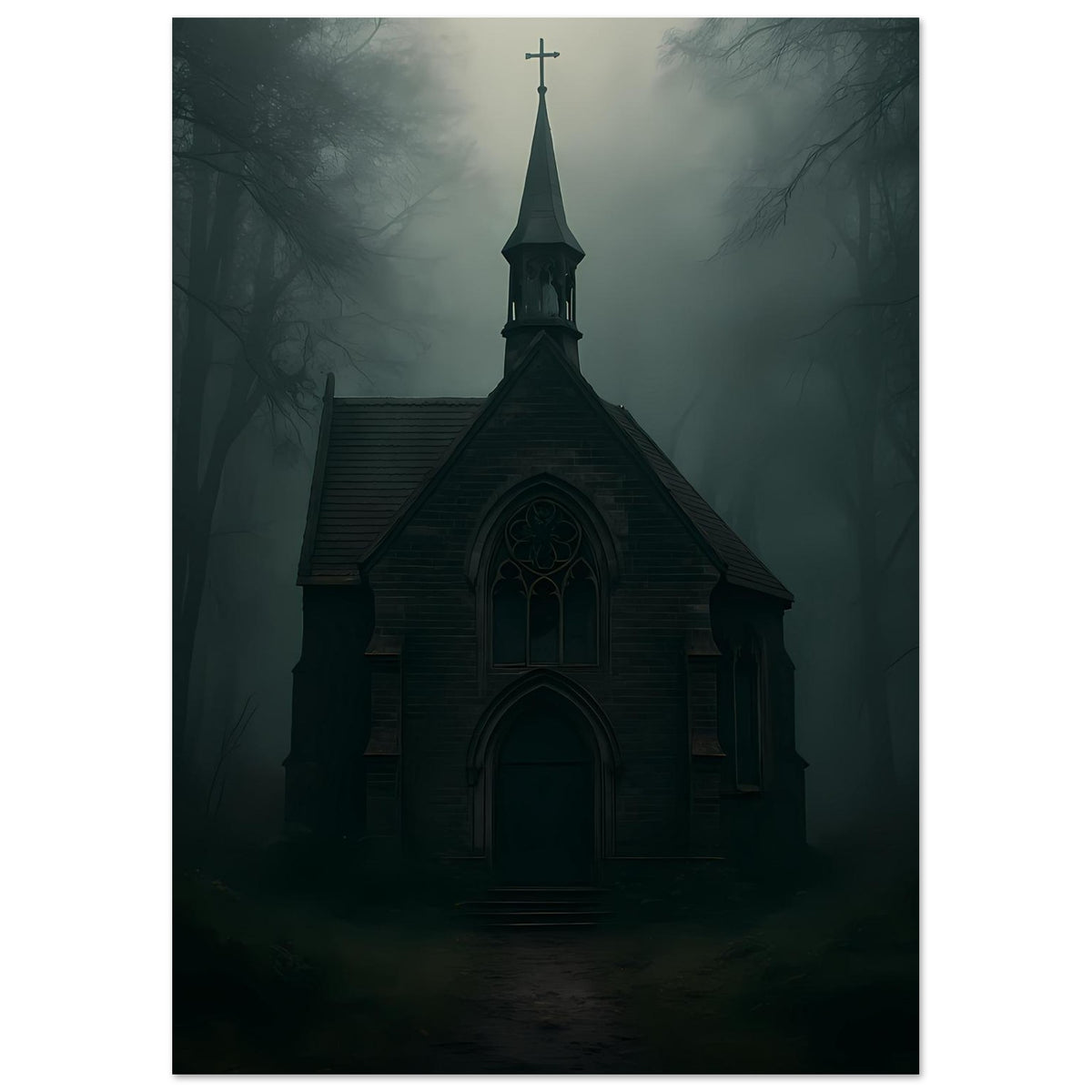Poster mit dunkler Kapelle mit Turmkreuz, schmiedeeiserner Fensterfront und Eingangsbogen
