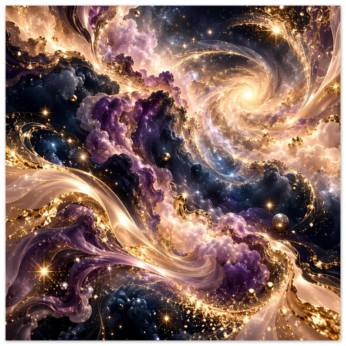 Kunstdruck im Querformat: galaktischer Wirbel mit violetten Wolken und Goldfunken