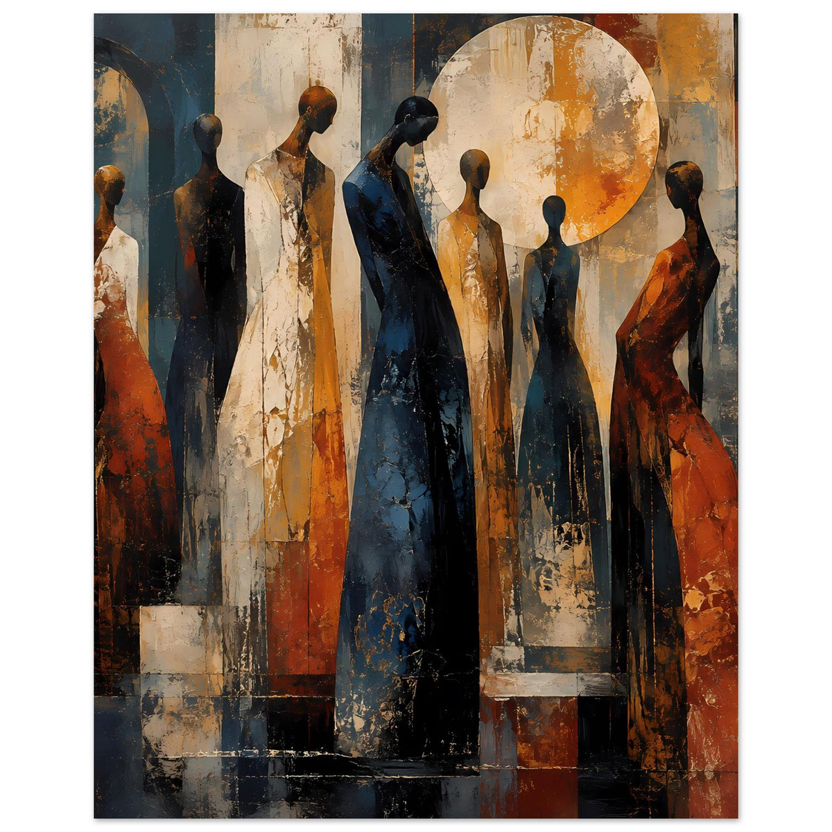 Poster mit abstrakten stehenden Figuren, warmes Orange und Blau, großer Kreis im Hintergrund