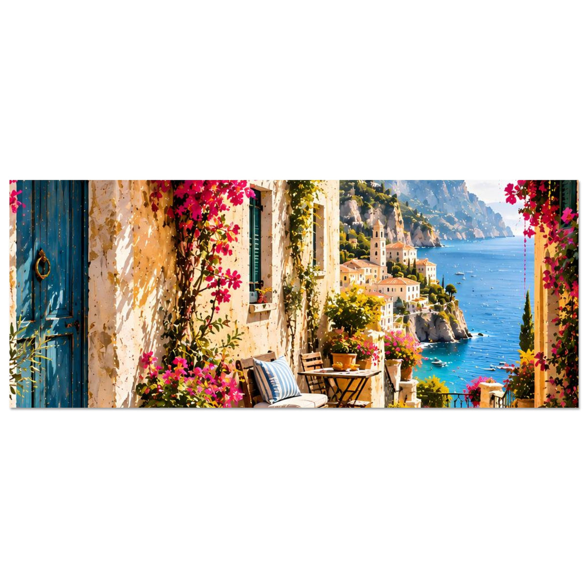 Horizontales Poster: mediterrane Küstengasse mit pinken Blüten, Meer und Häusern