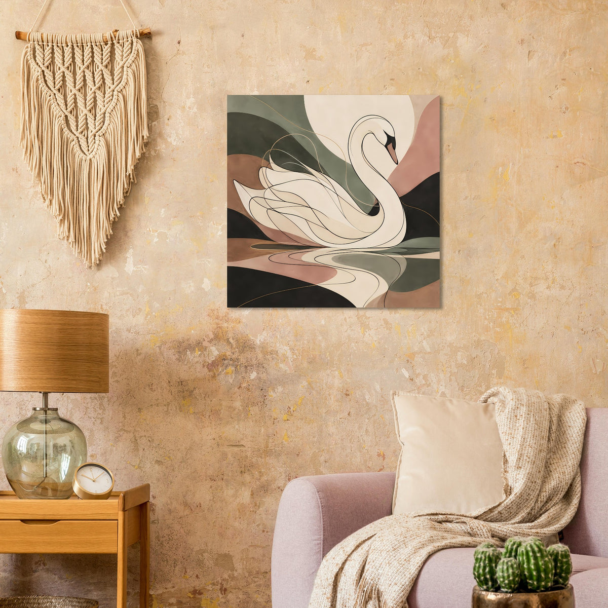 Schwanenposter mit schwarzem Rahmen, abstrakte Wellen und weißes Schwanenmotiv in Grün, Beige und Braun.