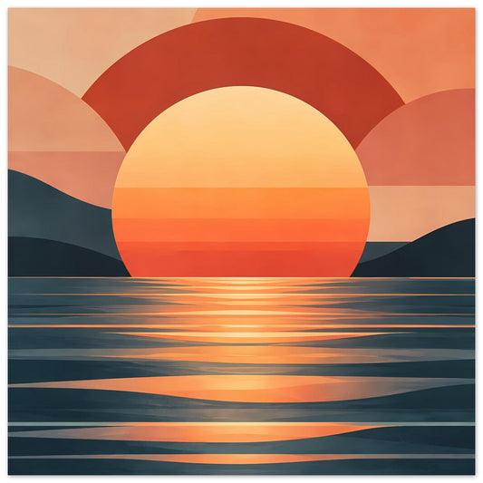 Poster mit abstraktem Sonnenuntergang: großer Halbkreis und spiegelnde Wasserlinien in warmen Tönen