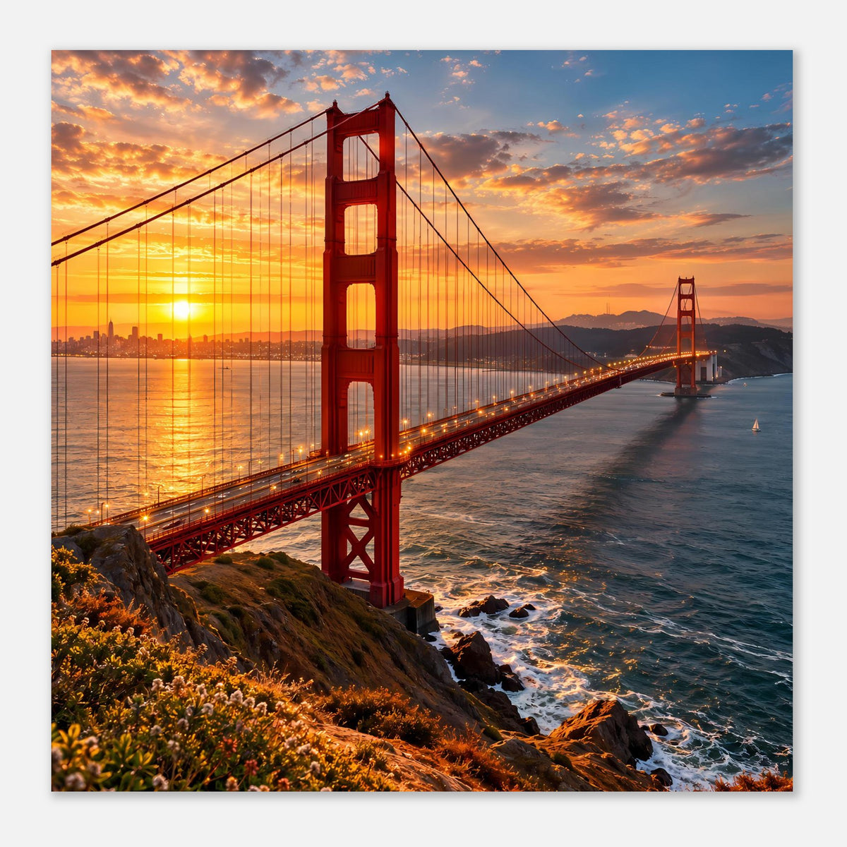 Golden-Gate-Brückenposter im Sonnenuntergang, vertikale Ansicht mit rotem Turm und Uferweg