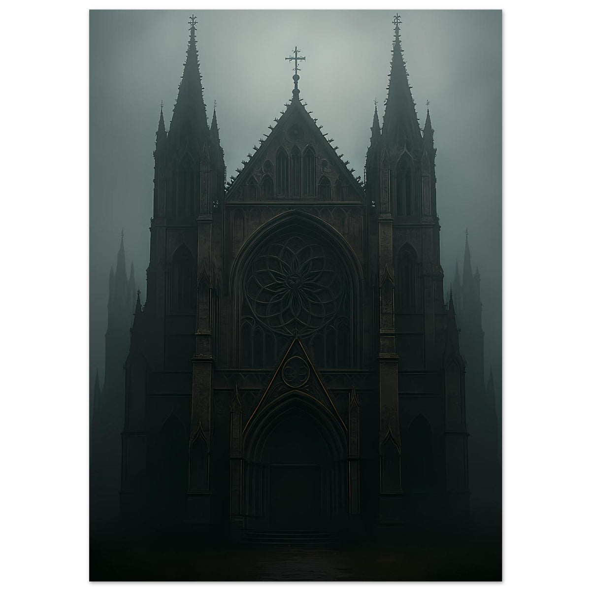 Gotisches Kathedralen-Poster, dunkle gotische Architektur mit drei Türmen und Mittelportal