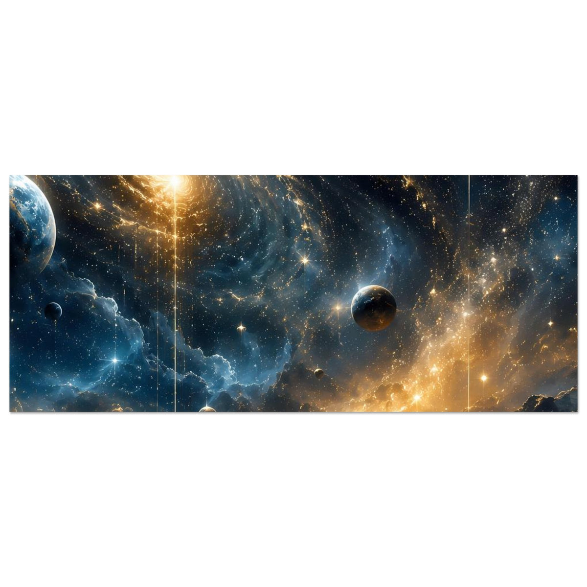 Weltraum-Poster, Nahansicht: Spiralgalaxie, Sterne und Planeten, unten angeschnittene Landschaft