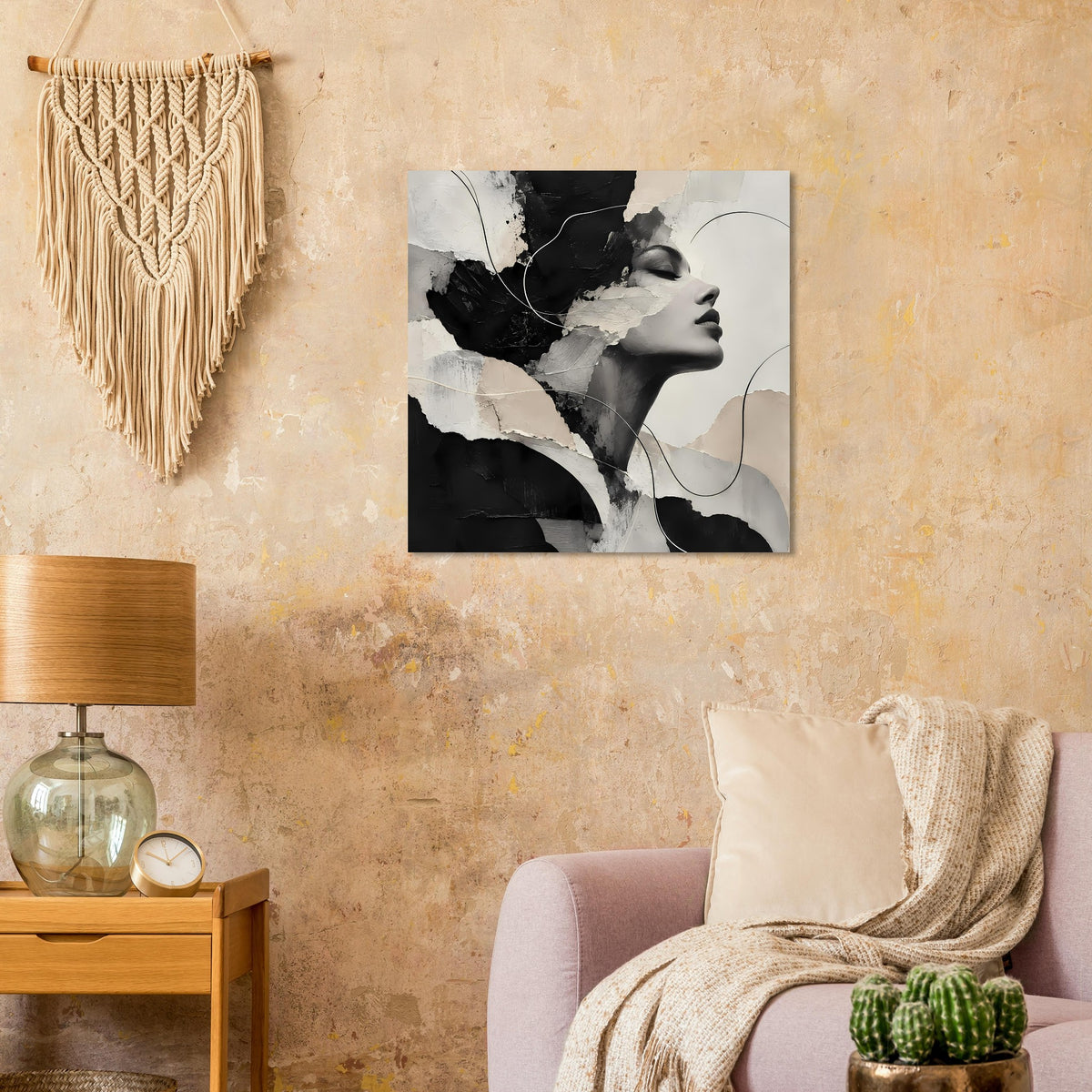Quadratisches Poster mit abstraktem Frauenprofil in Schwarz, Weiß und Beige