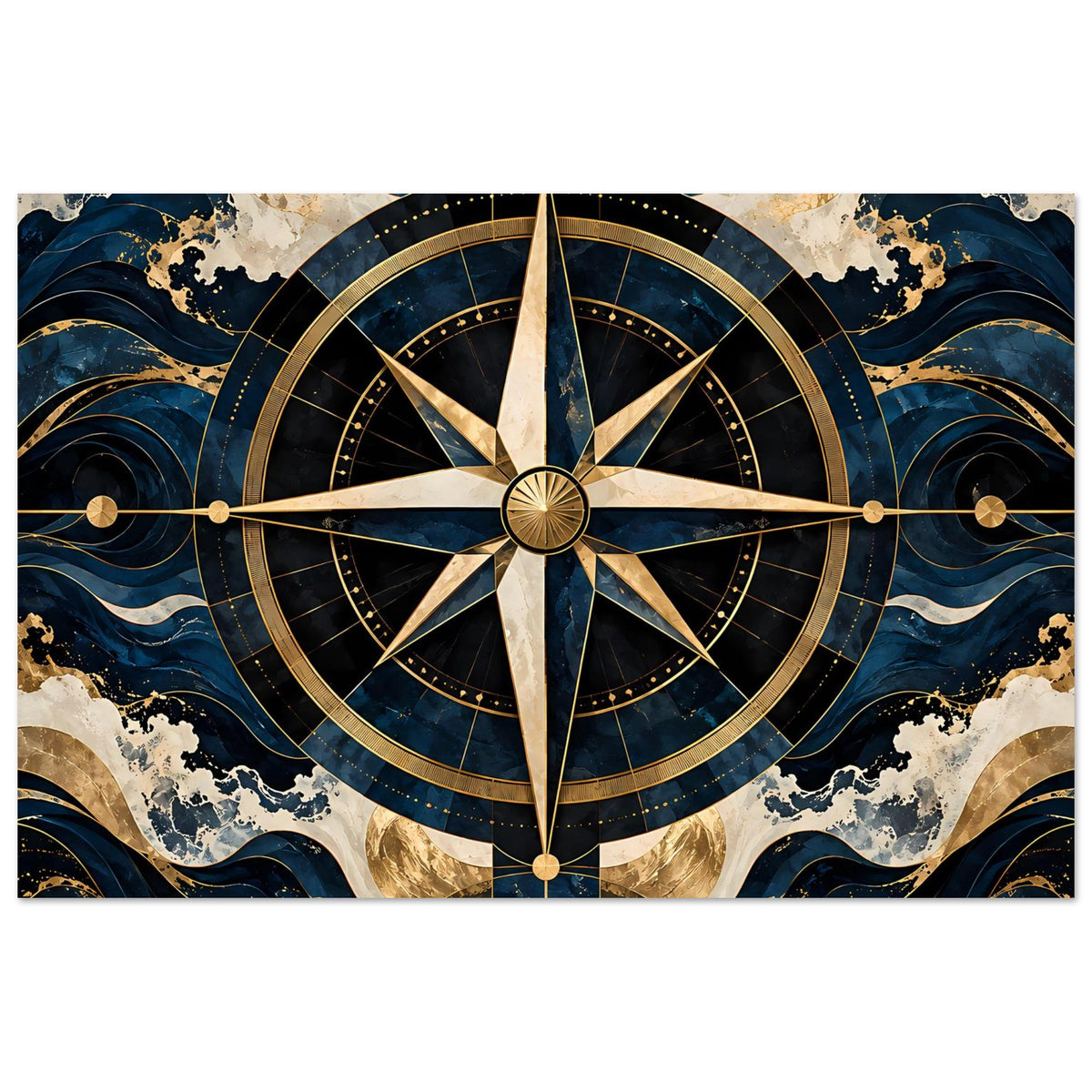 Maritimes Navigationsposter mit Kompassrose, goldene Kreisringe und Kartenachsen, horizontal
