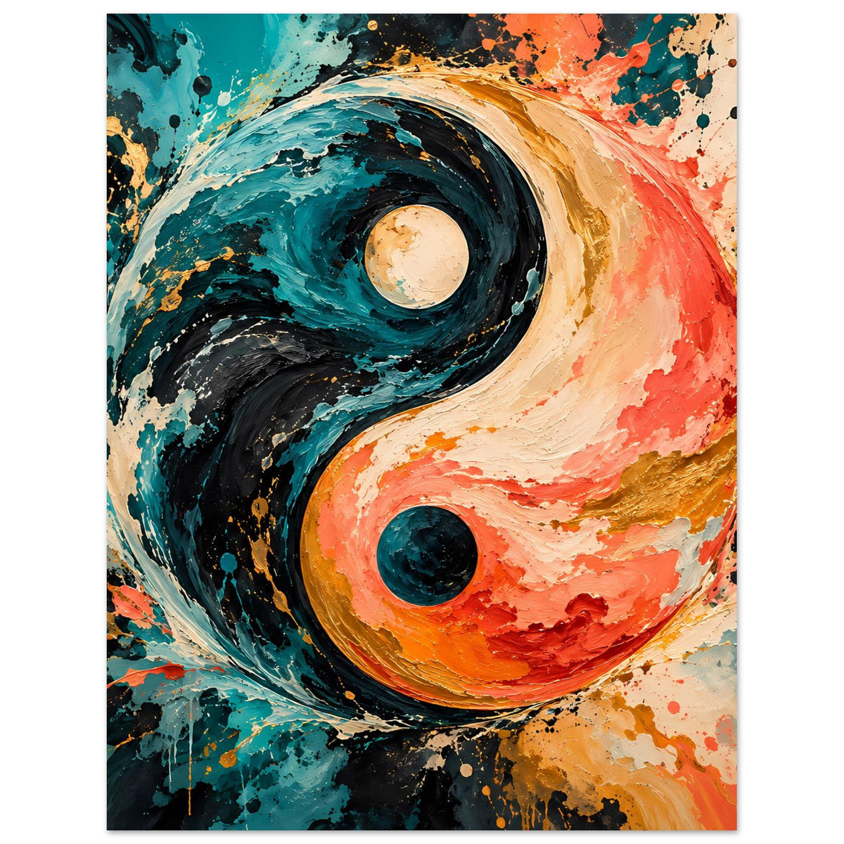 Abstraktes Yin-Yang-Poster als Nahansicht mit türkisem Wirbel und orangefarbenem Halbkreis