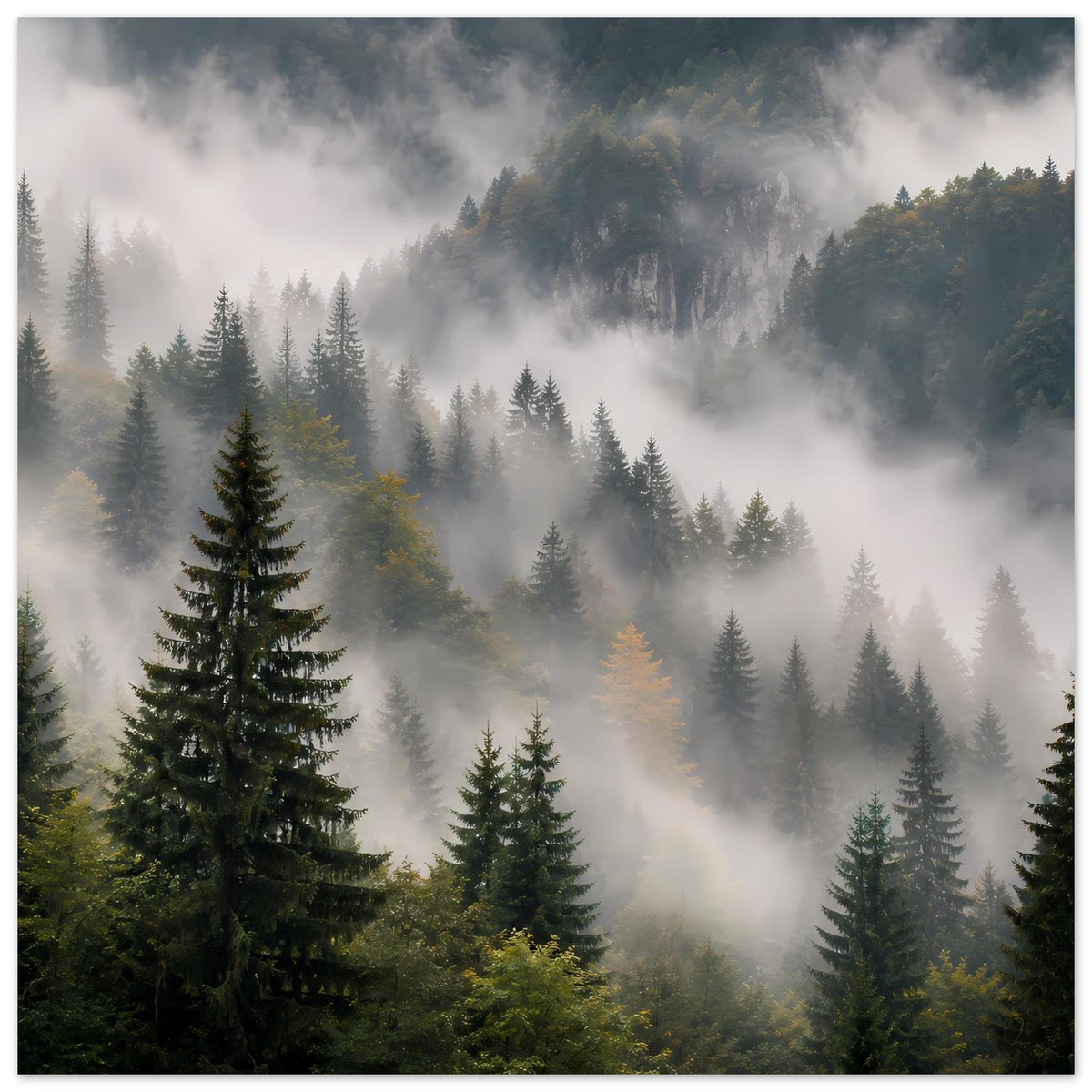 Poster im Querformat: Nebel über dem Nadelwald, Licht durch Bäume, natürliche Stimmung