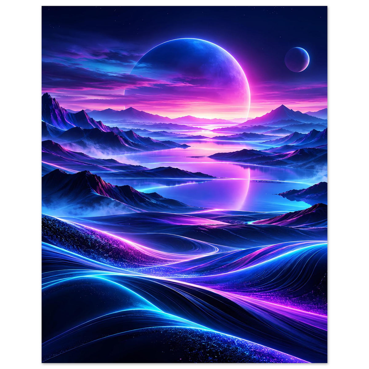 Neon-Weltraumposter im Hochformat mit großer Planetenkugel, kleinen Monden und Leuchtspuren