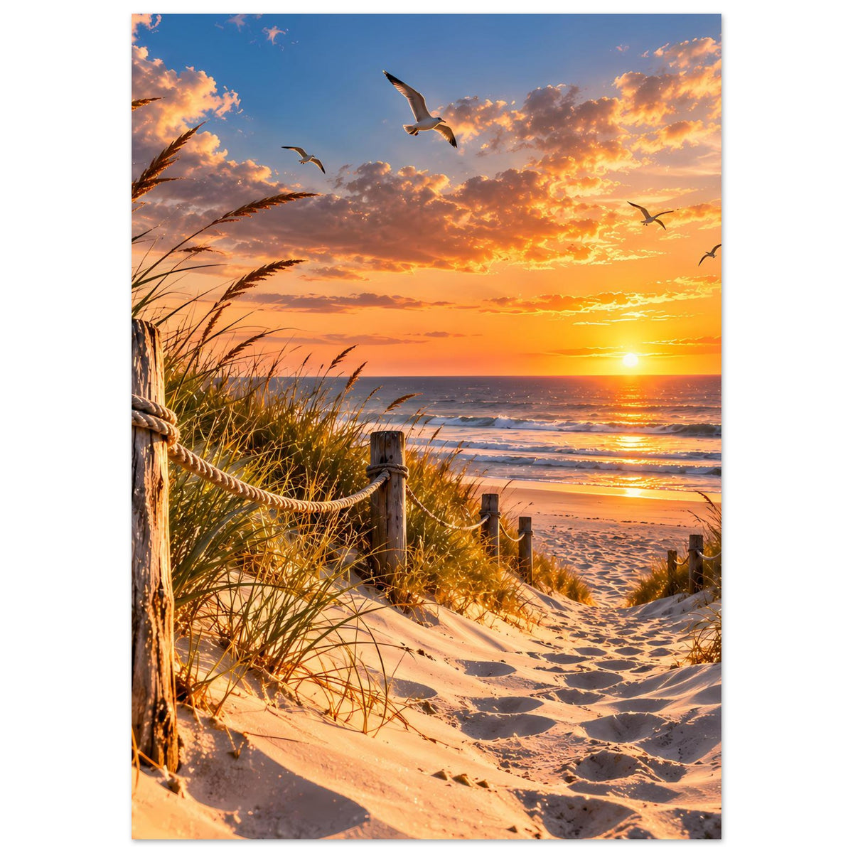 Strandposter mit Sonnenuntergang, Sandpfad, Dünengras und fliegenden Möwen