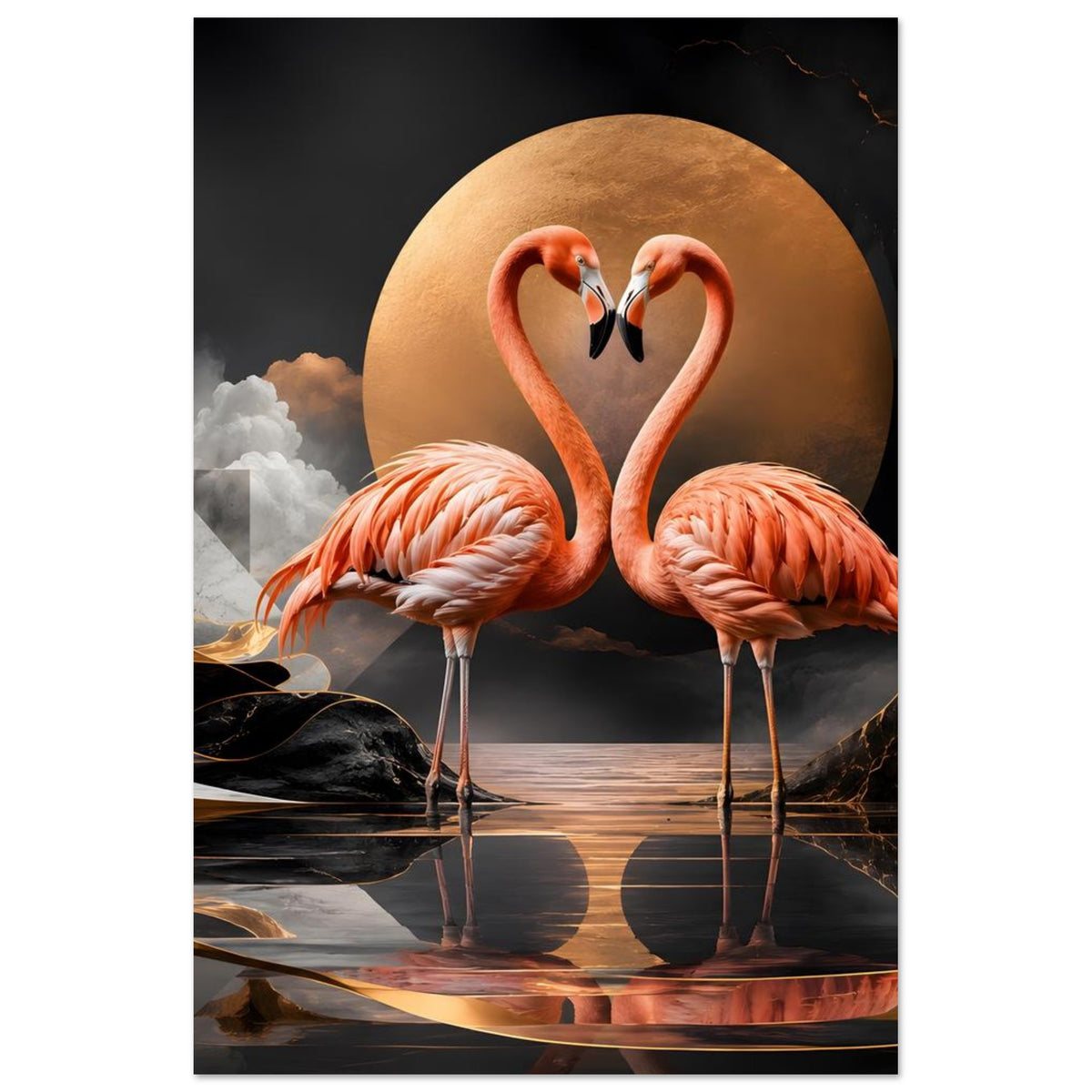 Hochformat-Poster mit zwei Flamingos, goldenem Kreis und schwarzen Akzenten