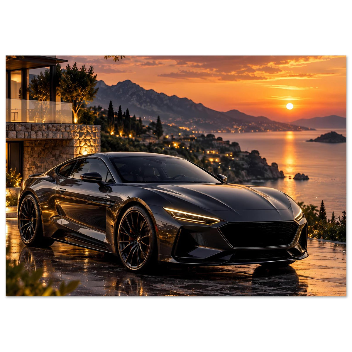 Sonnenuntergangs-Poster: schwarzer Sportwagen mittig, goldene Sonne über dem Wasser