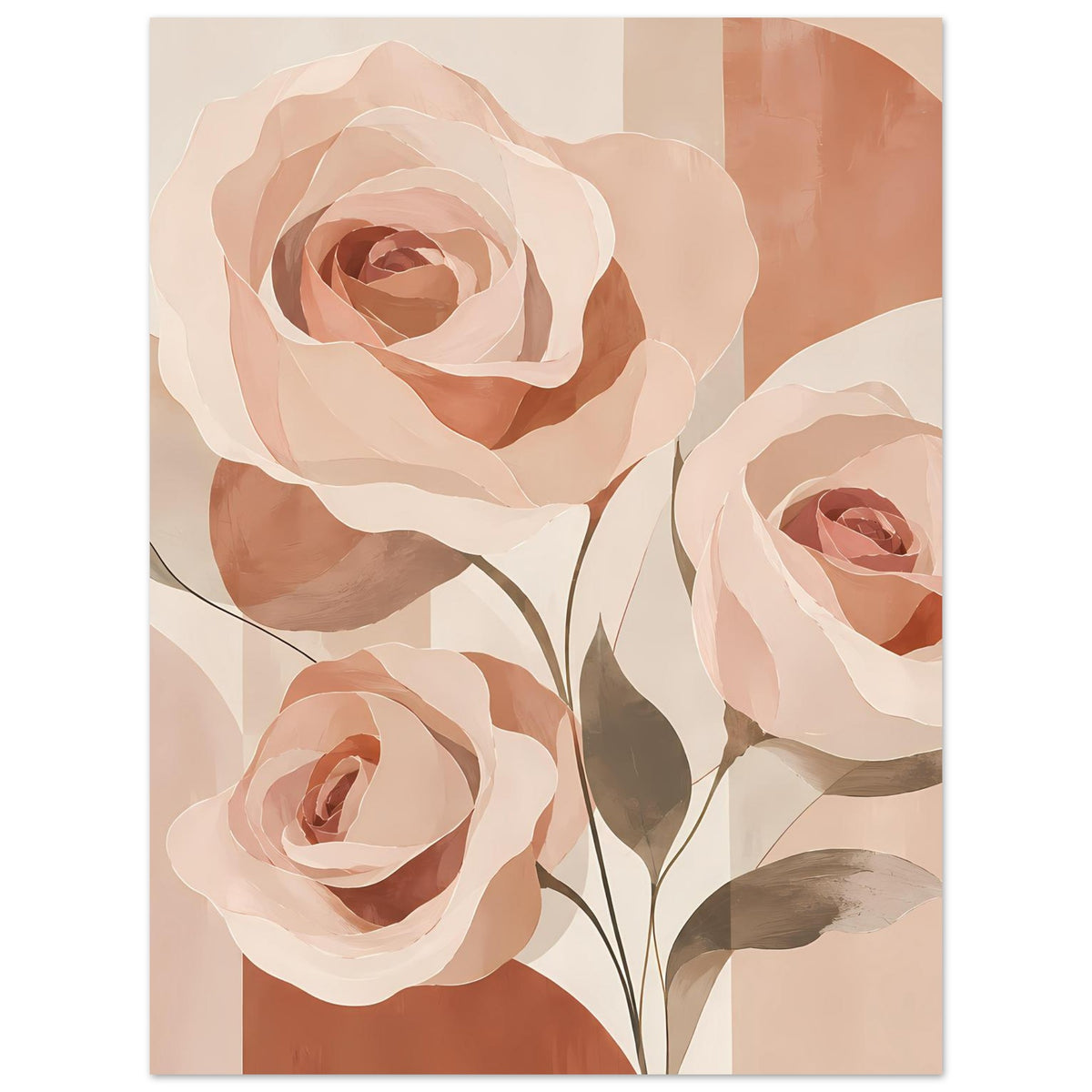Rosenposter mit drei Rosenblüten in Rosa, Pfirsich und Creme, dazu dunkler Stiel und Blätter