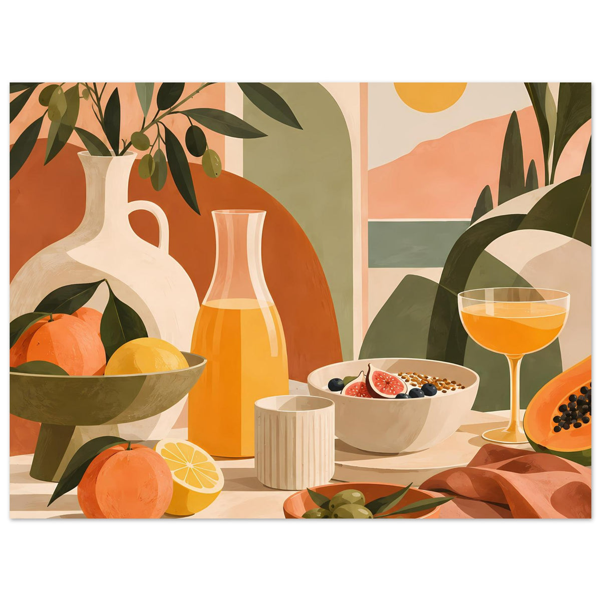 Still-Life-Poster mit Keramikvase, Schüsseln mit Früchten, Weinglas und Olivenblättern
