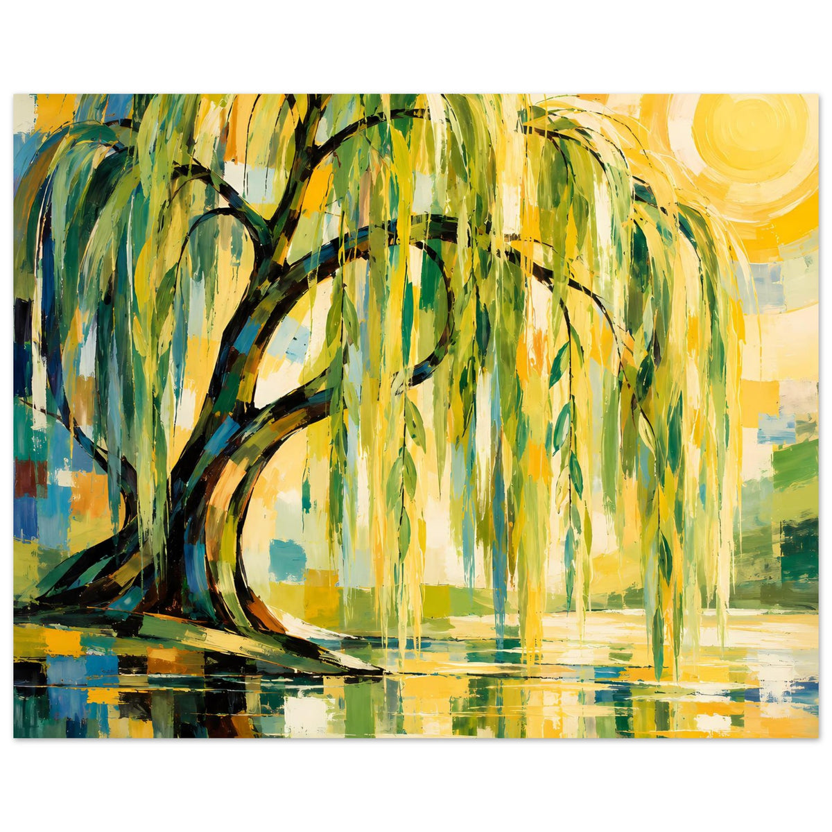 Poster: Weidenbaum und Wasserfläche mit Reflexionen, gelb-grünes Farbspiel und Sonne