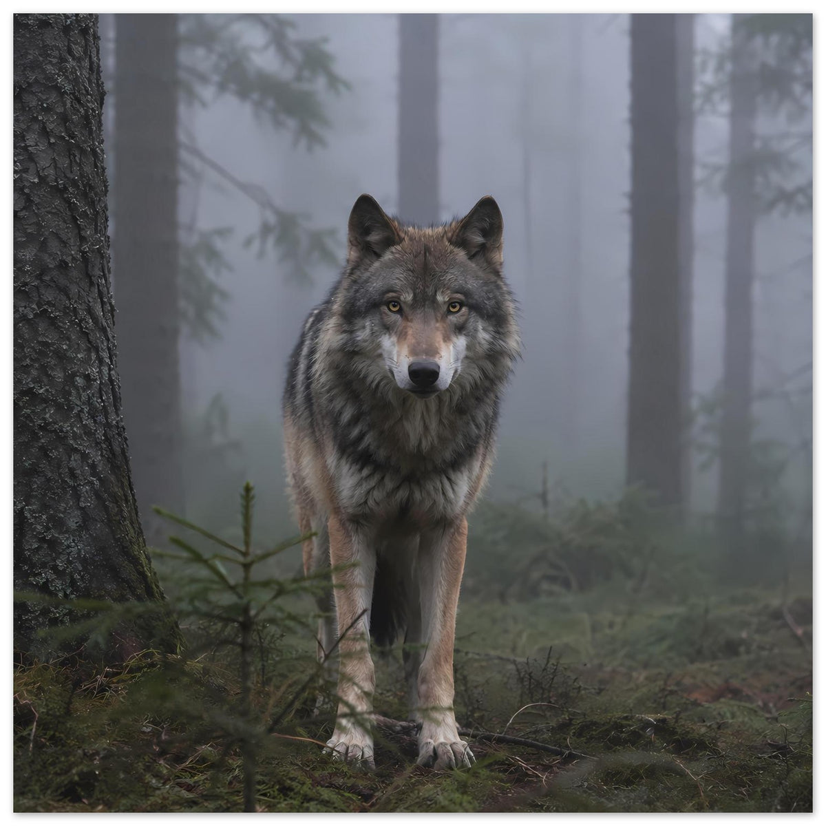 Wolfsposter: Wolf frontal im Wald, graubraunes Fell mit helleren Partien an der Brust